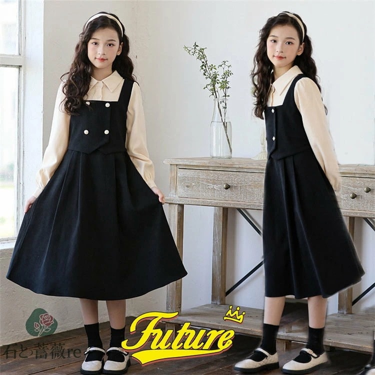 卒業式 ワンピース 女の子 きれいめ 黒 フェイクレイヤード 卒業式 小学校女子 150 160 165 卒服 韓国 女の子 小学生 中学生 卒業式 小学校女子 フォーマル 子供 ピア