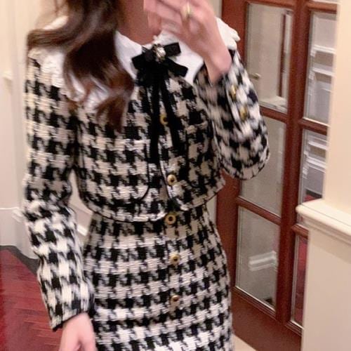 【即納】セットアップ 2点セット ツーピース ツイード 千鳥格子 秋 冬 春 長袖 ミモレ丈 おしゃれ 可愛い ノーカラージャケット ショートジャケット タイト 清楚 フェミニン きれいめ 秋冬ワンピ