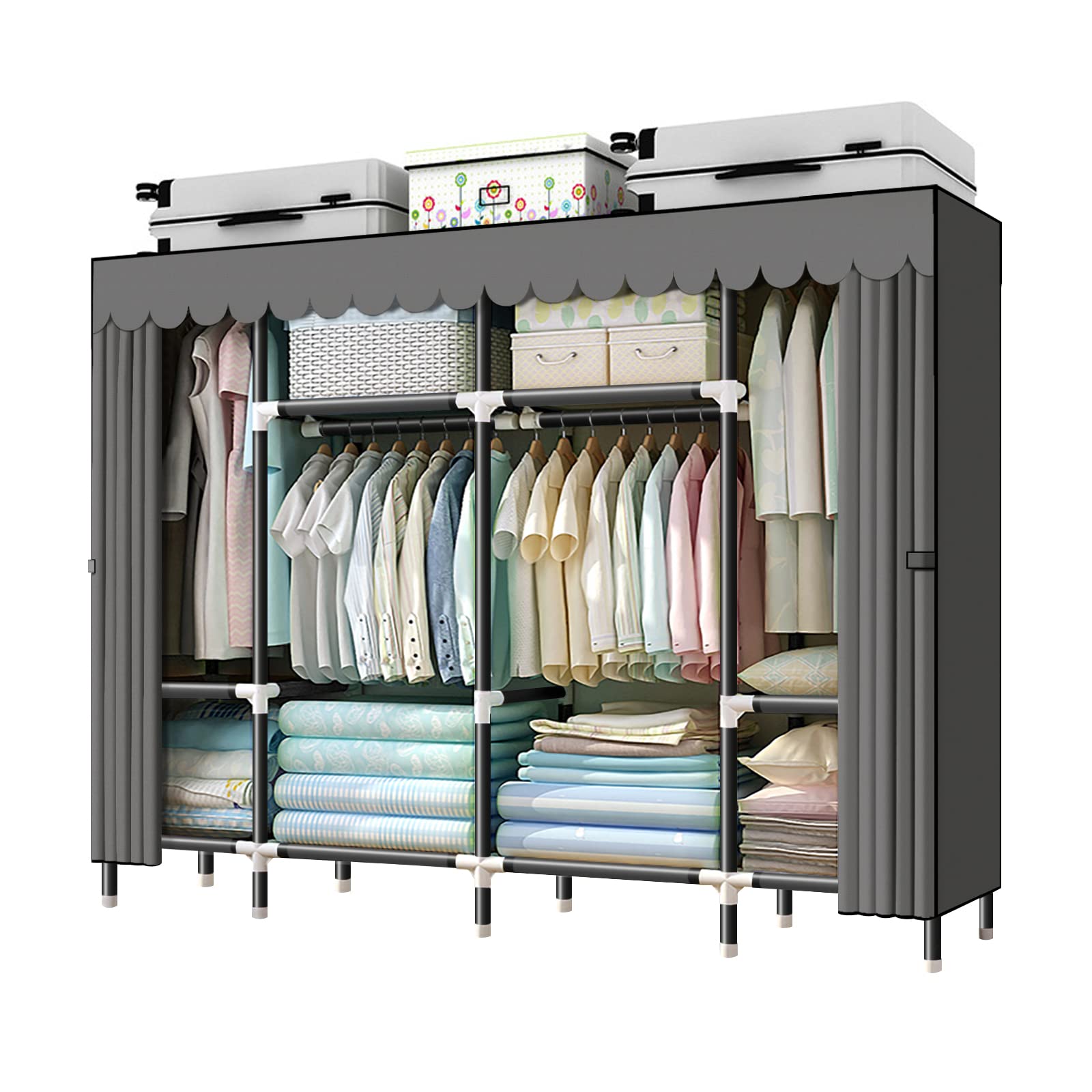ワードローブ カバー付き 大容量 オックスフォード布 クローゼット ハンガーラック 簡単組み立て式 衣類収納ラック 省スペース 防水 防塵 防汚 耐用 幅200×奥行43×高さ168cm グレー