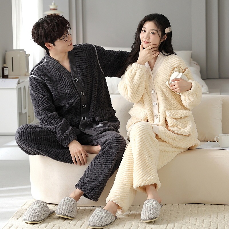 パジャマカップルペアルックルームウェアフランネル秋冬ペアパジャマ長袖カーディガンパジャマペアルックお揃いレディースメンズネグリジェレディース