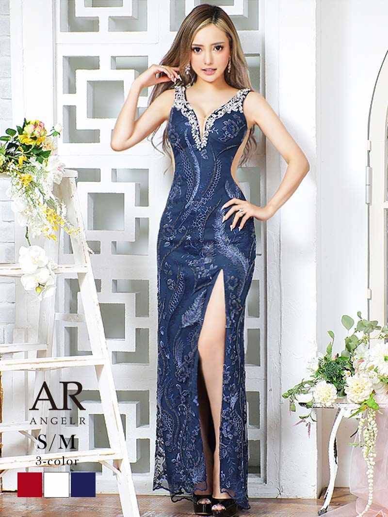 キャバドレス ロング ロングドレス シアー ノースリーブ 花柄刺繍 ビジュー ワンカラー 深スリット 高級ドレス ブランドドレス エンジェルアール AngelR エンジェルアール