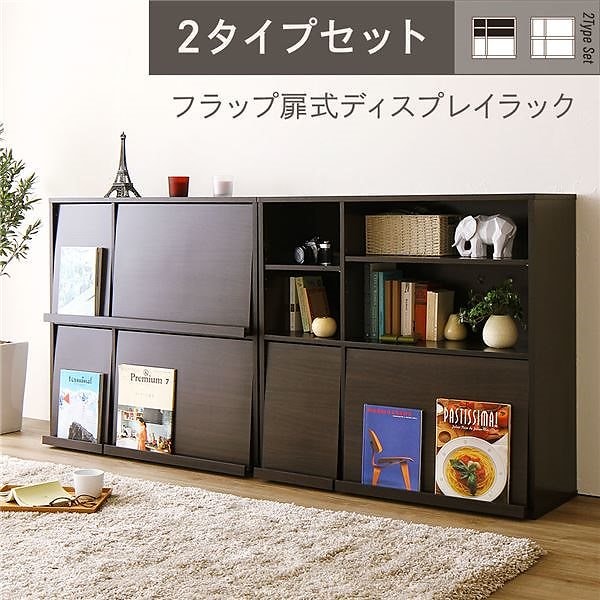 ディスプレイラック 2個セット(本棚 リビング収納)雑誌用 フラップ扉付き ダークブラウン