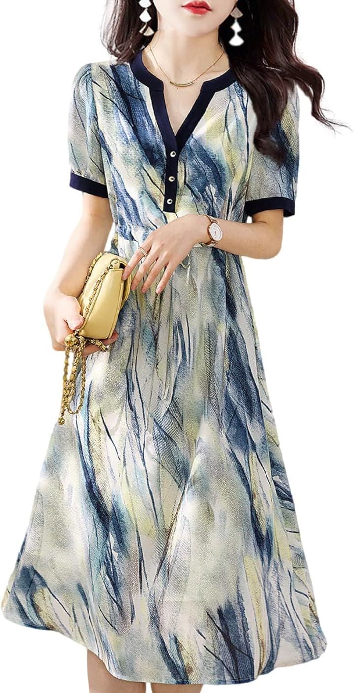 ボタニカル柄 スキッパー ワンピース Aライン ウエスト紐 膝下 丈 春 夏 秋 レディース( ボタニカル, L)