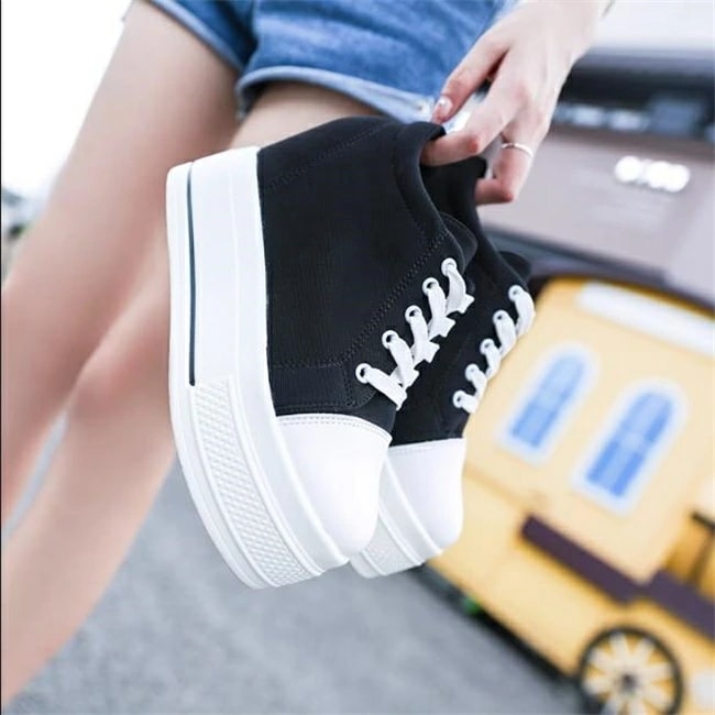 ブラック/ホワイト　9cmヒール　レディーススニーカー　インヒール　厚底　ローカット　カジュアル　レディース　スニーカー　女の子　運動　靴　シューズ　女性　春 夏 秋 冬　新作 PU+ズック製