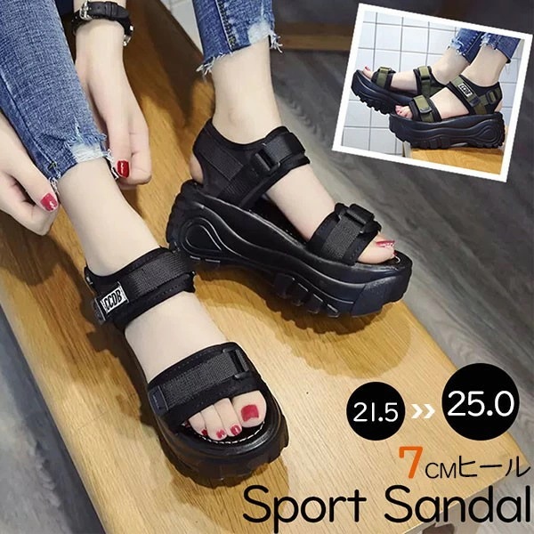 スポーツサンダル 厚底 レディース ヒール7cm ベルクロ ベルト コンフォート 歩きやすい 軽量 美脚効果 スポサン 厚底サンダル ビーチサンダル 厚底靴 カジュアル 夏 黒 グリーン 21.5 2