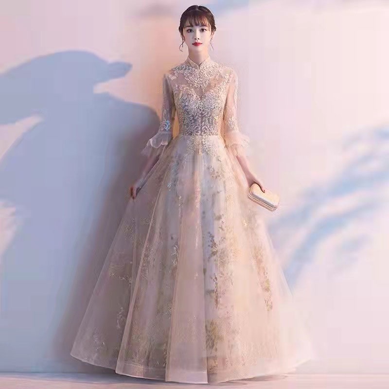 大ヒット ウェディングドレス ウエディングドレス カラードレス ロングドレス パーティードレス 発表会ドレス 演奏会 ステージドレス コンクール イブニングドレス フォマール シャンパン 立ち襟 6分