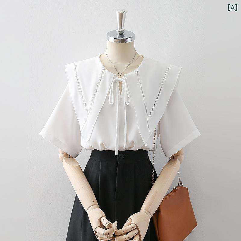 レディース シャツ ブラウス 半袖 五分袖 夏 白 ライトブルー 大きいドール襟 セーラー襟 レースアップ リボンループ 袖 若見せ プルオーバー エレガント フローラル シック ソフト