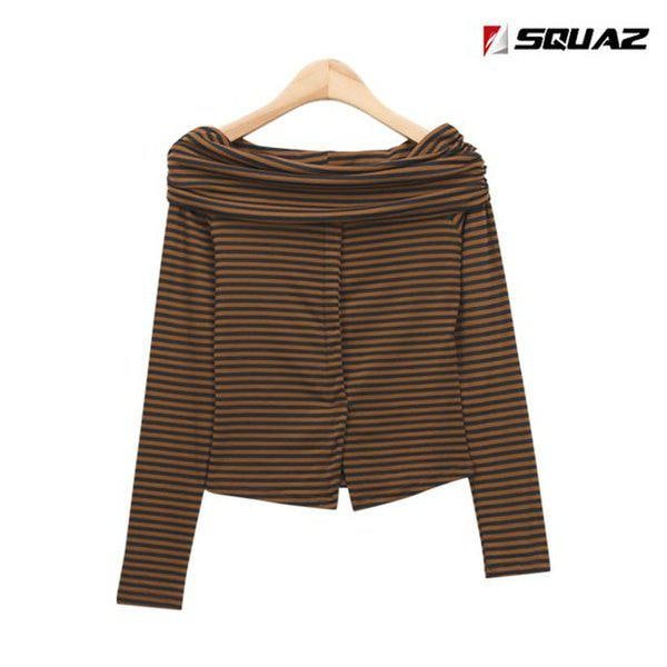 女性長袖Tシャツ ストライプ スリット オフショルダー SDE110