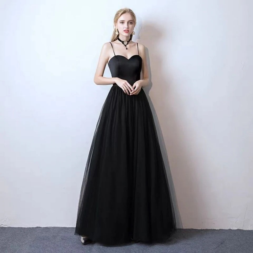 ブラック ロングストラップドレス 誕生日パーティードレス 宴会 主催者 演奏コーラス イブニングドレス 母の日