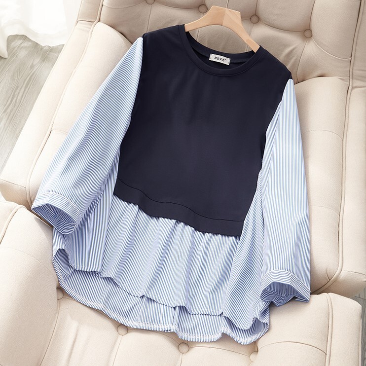 バックボタンポイント フェイクレイヤード アンバランスヘム トップス ブラウス プルオーバー ミディアム丈 チュニック丈 Aライン 長袖 ドロップショルダー 襟なし ラウンドネック 切り替えデザイン 6,421円