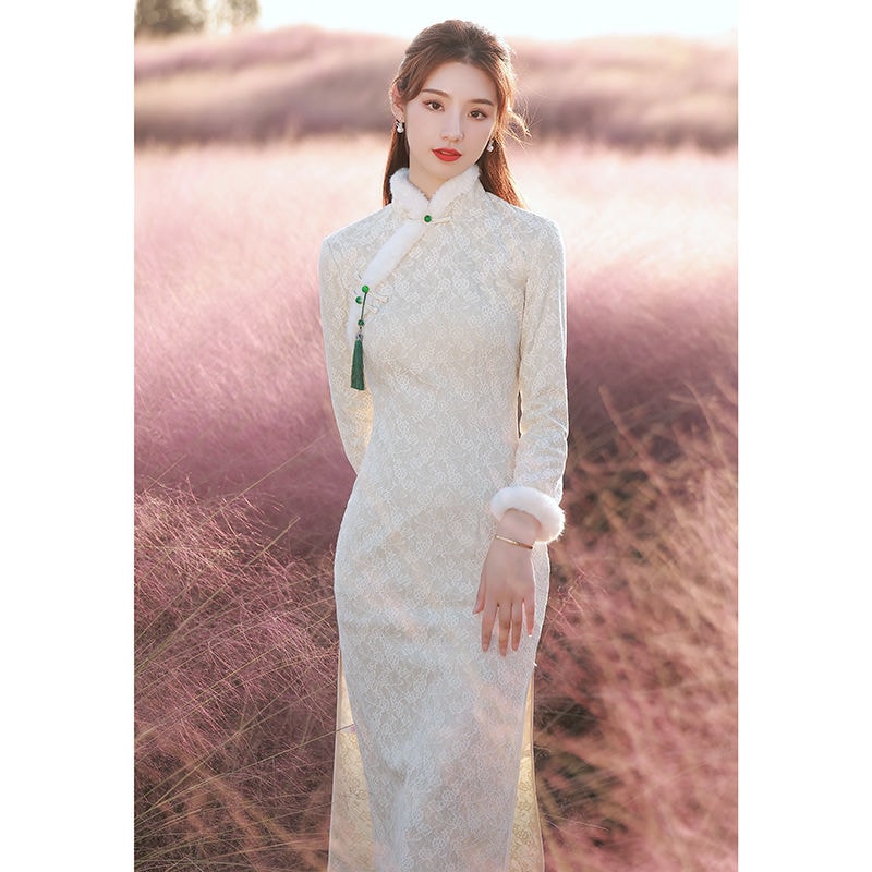 チャイナドレス 2025年 若い気質 春 長袖 厚め レディース 改良ベージュプラスベルベット 春秋 母の日 母の日-0008771