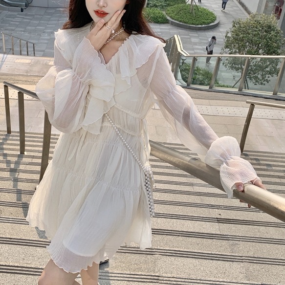 ワンピース フレアワンピース ティアードワンピース ワンピドレス 膝上 ミモレ丈 ロング丈 袖あり 長袖 ボリューム袖 萌袖 Vネック 襟付き フレア シフォン フリル ふわふわ 透け感