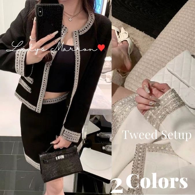人気 同窓会セットアップ 成人式セットアップ セットアップ 韓国 キラキラ 黒 白 ジャケット カーディガン スカート レディース ビジュー 2点セット 上下セット 無地 ラウンドネック 春 秋 冬