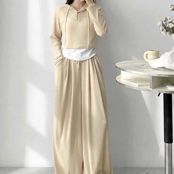 Hスタイル(SET)スウィートスナップフードセット 春の変わりやすい季節の女性用トレーニングウェアセット スウェットパンツセット パンツセットアップ ホームウェア