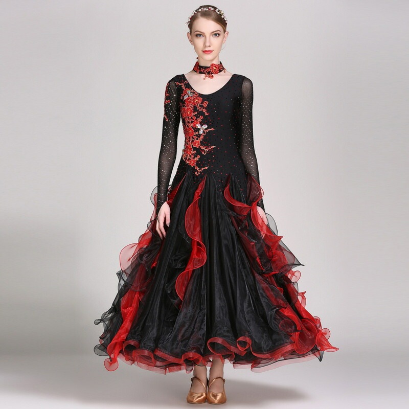 【受注生産S/M/L/XL/2XL】ブラック社交ダンス 衣装 モダンドレス ラテンドレス ラテン衣装 社交ダンスドレス 大きい裾 豪華なドレス　ダンス衣装 ワンピース ダンス衣装 ダンス発表会 競技着