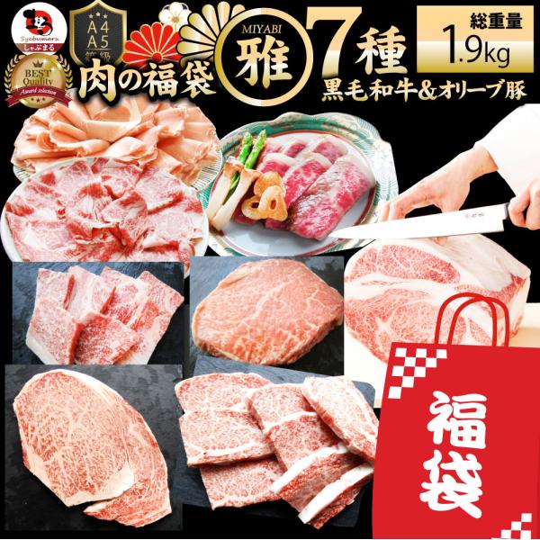 肉 福袋 黒毛和牛 オリーブ豚 食べ比べ 「雅福袋」 総重量1.9kg超 凍眠 テクニカン 2023年 肉の福袋 牛肉 食品 メガ盛り 焼くだけ 解凍するだけ