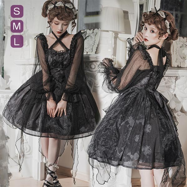 ロリータ jsk ワンピース 可愛い プリンセスドレス お姫様 Lolita ロリータ服 リボン 黒 可愛い アイドル衣装 コスチューム 長袖 コスプレ衣装 文化祭 学園祭 かわいい 萌え イベント