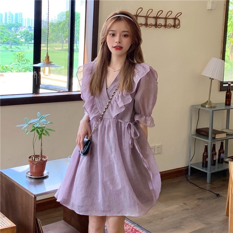 フリルワンピース ワンピース フレアワンピース ワンピドレス ミニ ミニ丈 袖あり 5分袖 五分袖 Vネック フレア フリル リボン ハイウエスト 透け感 かわいい 大人可愛い きれいめ シンプル