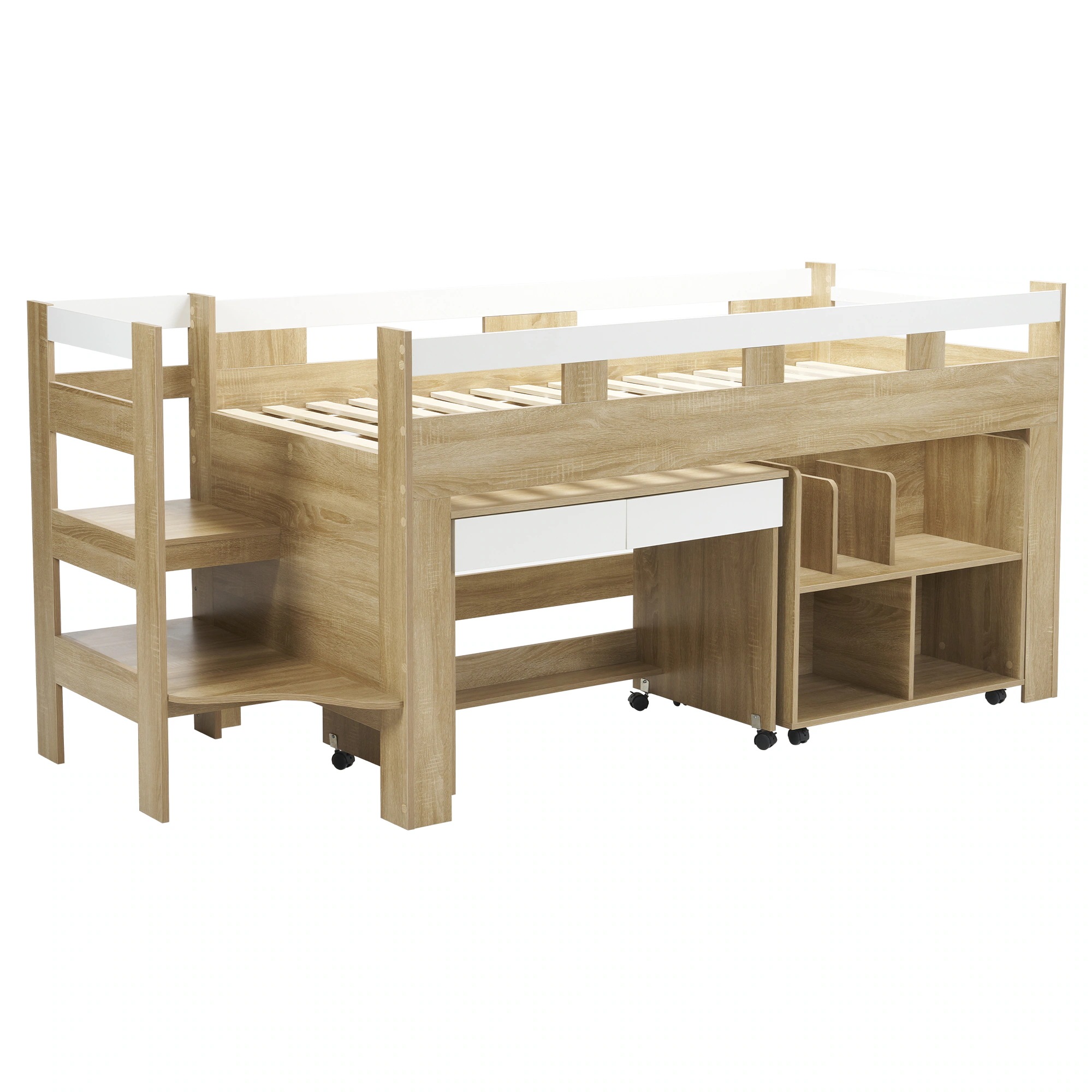 【ナチュラルxホワイト】システムベッド ロフトベッド 頑丈 ロータイプ デスク付き ラック付き 本棚付き 分割式 天然木 シングル 宮付き 収納 北欧風 木製