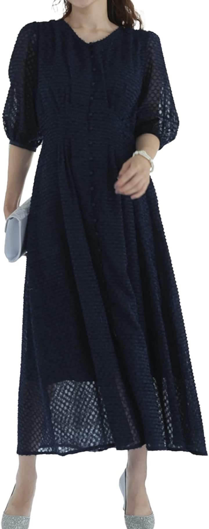 パーティ ワンピース ドレス レディース 結婚式 およばれ ソフト オーガンジー ガーリー ウエストリボン( ネイビー / 322177, S)