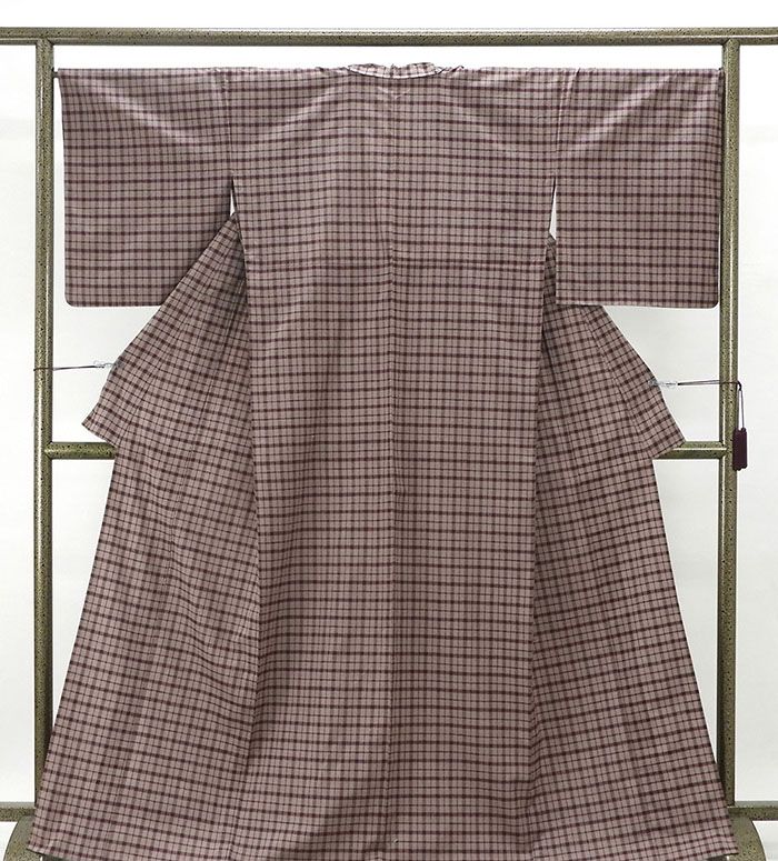 単衣 紬 新品仕立済 正絹 単衣 格子模様 身丈166cm 裄丈68cm 紬 新品 仕立て上がり 着物 wd1039