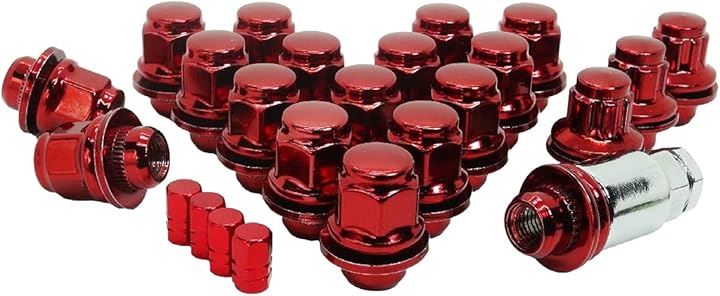 日産 純正 ホイール用 平面座 カラー ロックナットセット ギアロック 21HEX M12xP1.25 ショート エアバルブキャップ付( 赤 ショート P1.25 5穴用 20個セット)