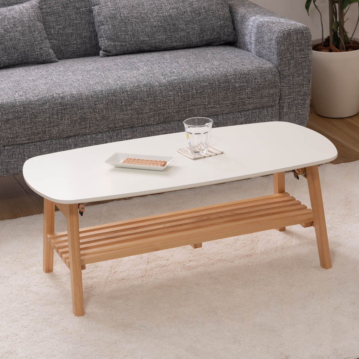 折りたたみ テーブル 幅90cm 棚付き 天然木 ローテーブル リビングテーブル センターテーブル 折り畳み 完成品 白 北欧風 おしゃれ コンパクト 収納 10,424円