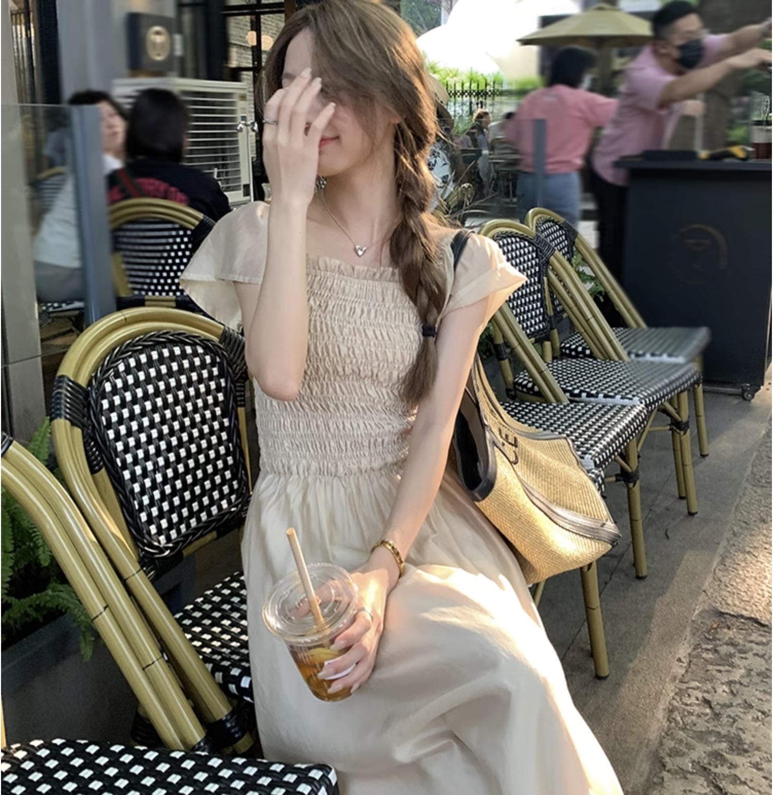 個性的 夏服 レディース ワンピース ワンピドレス フレアワンピース ロジスワンピ ロング アンクル 袖あり 半袖 フレアスリーブ 二の腕カバー オフショルダー フレア セミフレア Aライン