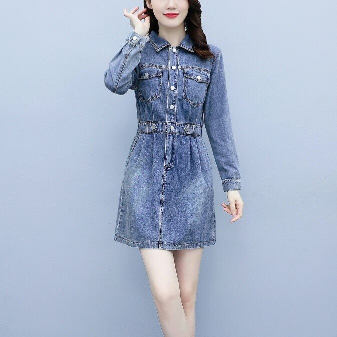 ワンピース 長袖 春夏 かわいい aライン シャツワンピース aライン Aライン フレア デニムワンピース ミニ ミニ丈 ショート ショート丈 膝丈 ひざ丈 膝上 襟付き ポロカラー フレア セミフレ