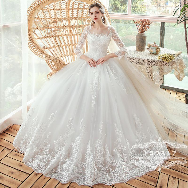ウェディングドレス 花嫁 二次会 ウエディングドレス 結婚式 可愛い レース ロングドレス プリンセスライン ホワイト 挙式 披露宴 ブライダル 編み上げ 安い
