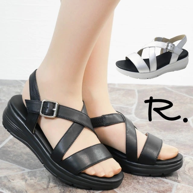 リーガル 社製 アールドット レディース 厚底 サンダル クロスストラップサンダル ウエッジソール バックバンド レザーサンダル 5cmヒール 牛革 ブラック シルバー S13C