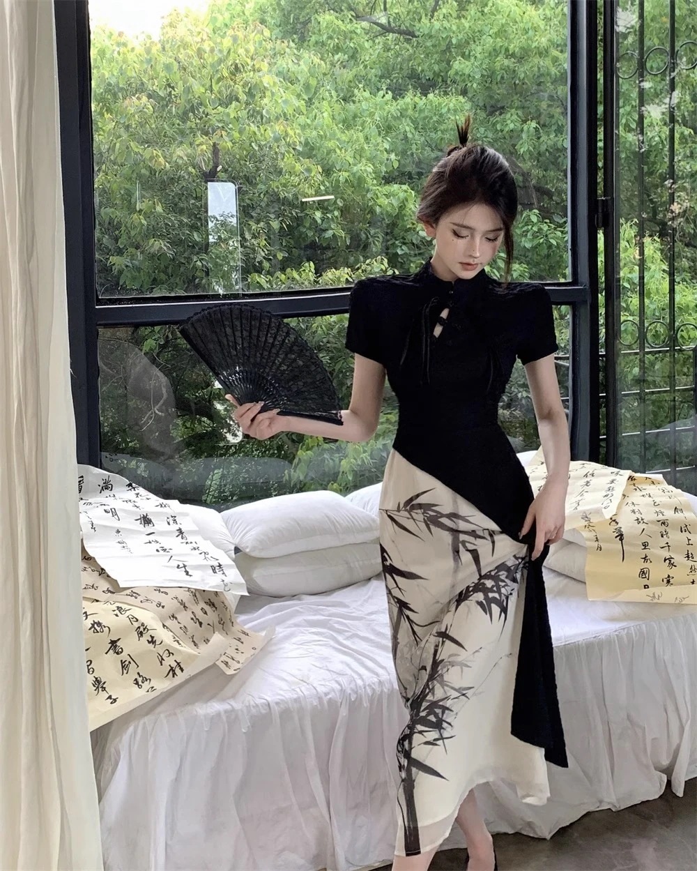 新しい中国風半袖ドレス女性の夏水墨画改良チャイナドレススカート高級気質ロングスカート