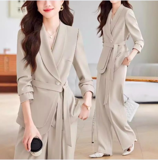 レディース ジャケット パンツ スーツ セットアップ 2点セット 前開き テーラードジャケット フルレングス 長袖 Vネック 襟付き ストレート フェミニン ベルト ウエストマーク ウエストリボン