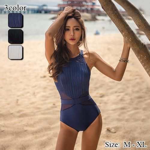 【グラシア】 水着 ワンピース レディース ビーチウェア スイムウェア 流行 海 プール ウエストマーク パッド ヴィンテージカラー ふっくら 色香 シアー ネイビー ブラック ホワイト ワンピース