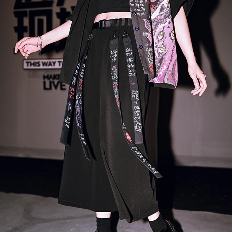 ワイドパンツ レディース 春夏 クロップドパンツ 黒 プリント 飄逸 ベルト付き 怪物CLUB