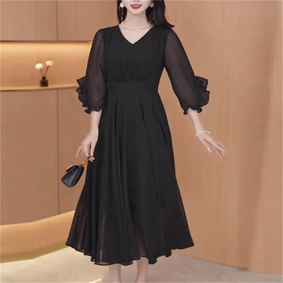 ドレス ロングドレス ワンピース 衣装 パーティドレス ロング ロング丈 ミモレ丈 袖あり 長袖 Vネック Aライン フレア 透け感 シースルー フリル フォーマル エレガント 可愛い 7,480円