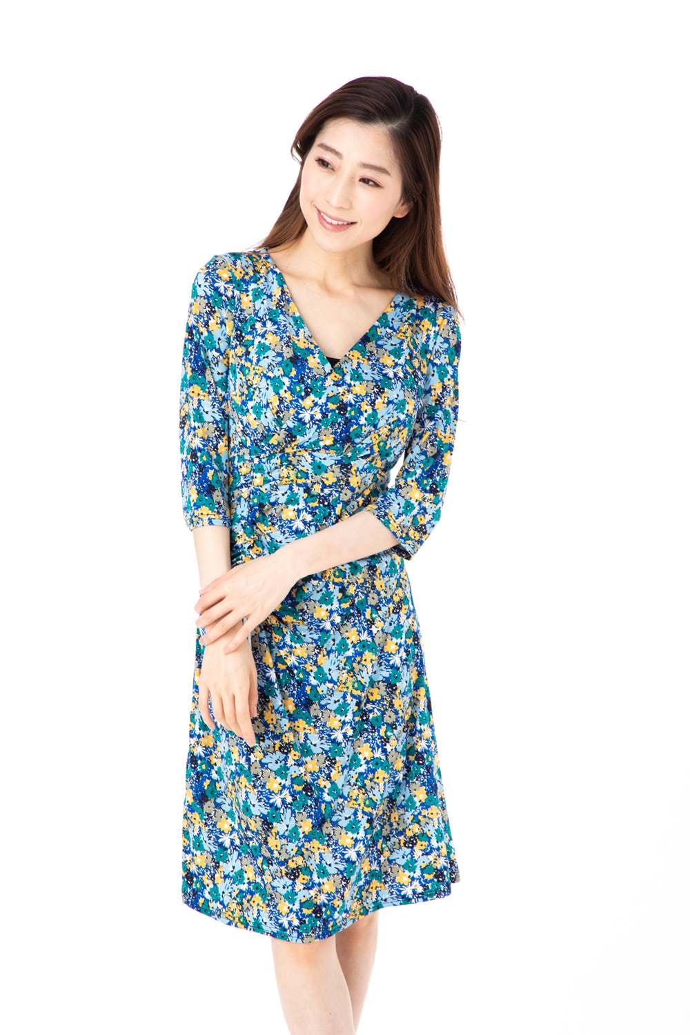 ファス(FAS)ワンピース T2 T3 T4サイズ ７分袖 膝丈 花柄 カシュクール　ジャージー きれいめワンピース レディース Fille A Suivre