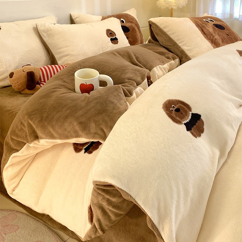 クラスA マザー＆ベビーグレード 冬用ミルクフリース寝具セット（4点） - コーラルフリースの厚手羽毛布団カバーシーツフランネル裏地