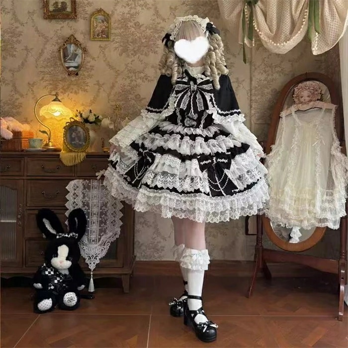 ロリータ ドレス ジャンパースカート ミドル丈 膝丈 フリル レース ロリータ ワンピース レース チュール 蝶リボン お姫様 プリンセス Ａライン ティアードスカート 姫袖ブラウス ケープ パニエ
