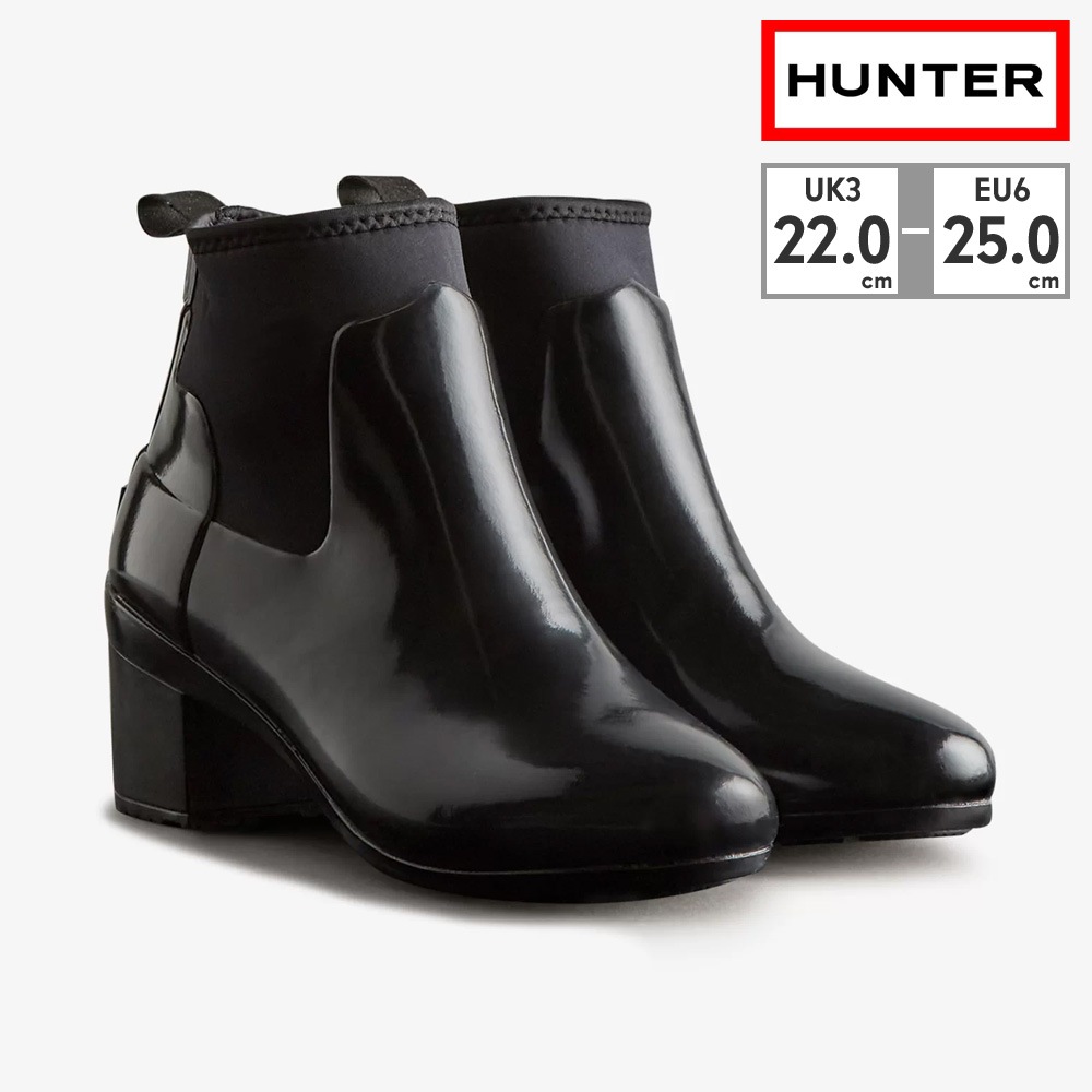 HUNTER レインシューズ レディース リファインド グロス ミッド ヒール ブーツ WFP1012NRG BLK ハンター REFINED GLOSS MID HEEL BOOT 完全防水 ハンド