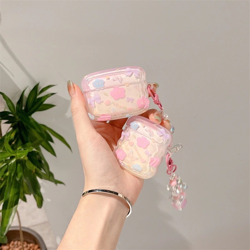 Airpods Pro2に適した透明な花柄apple Bluetoothワイヤレス1/2/3世代ヘッドフォンセット女性のかわいいペンダント