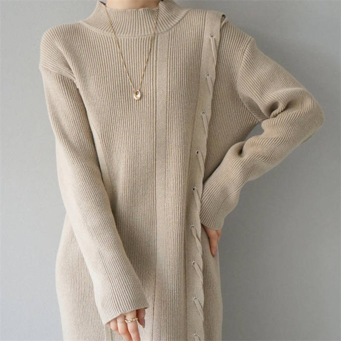 ニット ワンピース レディース クルーネック セーター ワンピ 長袖 ニットウェア ロングワンピ インナーウェア 無地 ロング丈 マキシ丈 暖かい 保温 リブ編み 秋 冬 厚手 上品 おしゃれ 体型カ