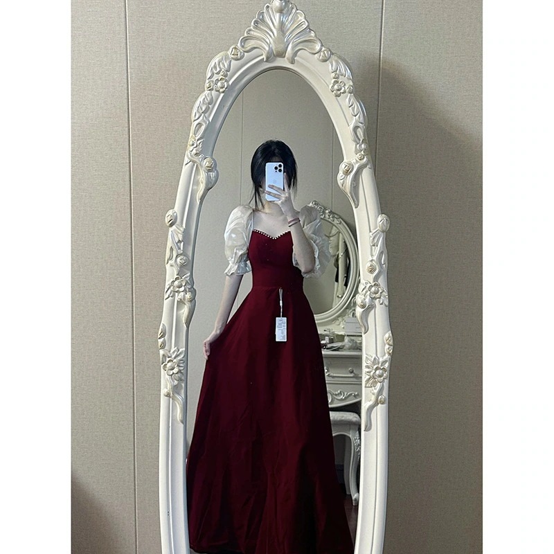 2025スプリングスモールサイズビッグサイズビッグレッドパフスリーブアダルトギフトプリンセスハイエンドドレス女性