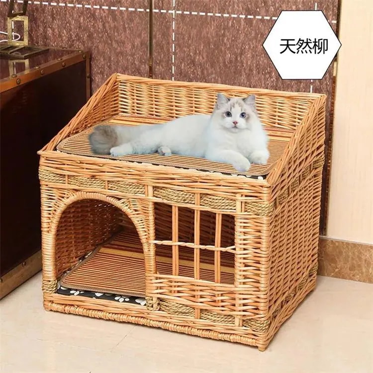 ねこちぐら 2段 猫ベッド キャットハウス 籠 籐 カゴ ラタン製 ペットベッド バスケット ちぐら 昼寝 ペットハウス XL マット＆蓆付き
