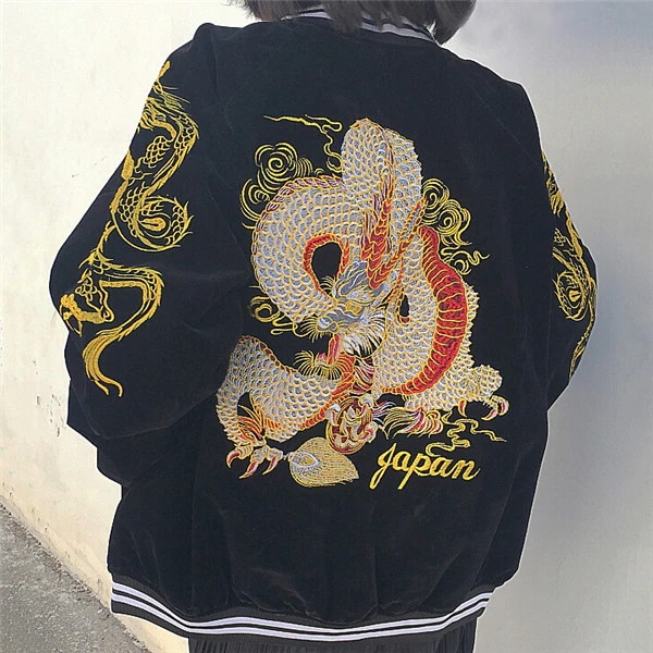 刺繍　ライン　アウター　2色　スタジャン　スカジャン　ジャケット　ベースボール　ダンス　衣　ヒップホップ　HIPHOP　レディース　メンズ　ガールズ　ストリート　黒　ブラック　赤　レッド　龍　ドラゴン 5,093円