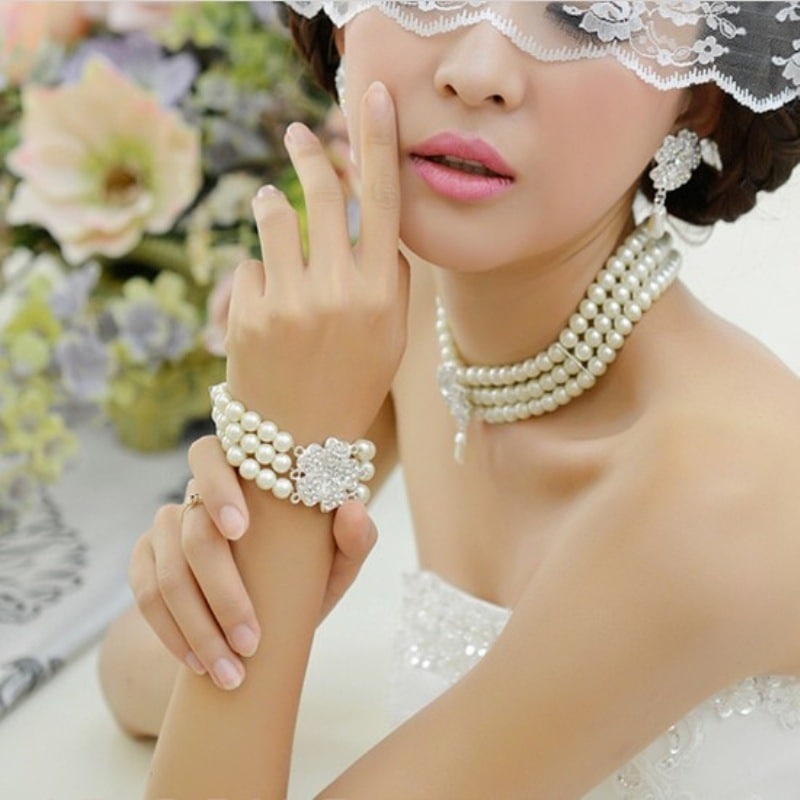 パールネックレス イヤリング ピアス ブレスレット 3点セット シルバー 銀色 韓国 レディース オルチャン ウェディング 三連ネックレス ドロップパール フラワーモチーフ 花 ビジュー