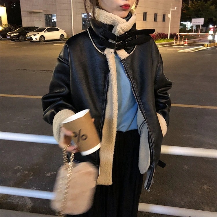 のかっこいい 立ち襟 革の服 ハイカラー ゆったり 縫付 子羊毛 オートバイ服 Puスキン コー