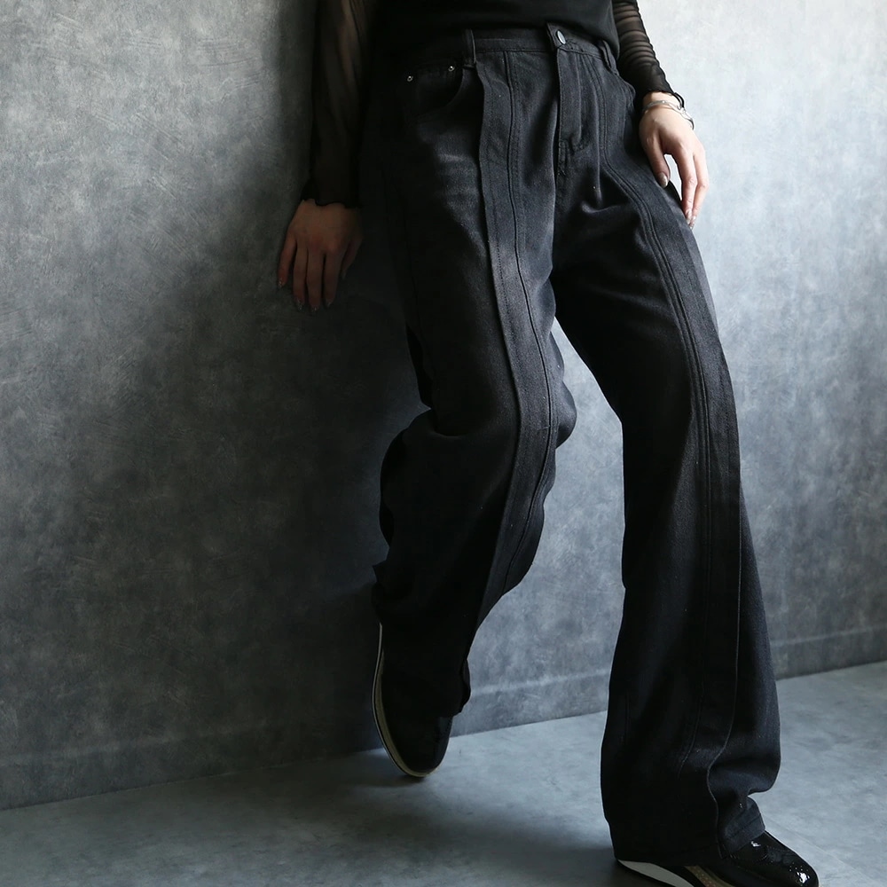 デニムパンツ レディース ストレート センタープリーツストレートデニム ボトムス ジーンズ ジーパン ゆったり すっきり ブラックデニム 送料無料