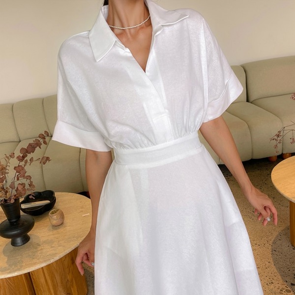 (ビバラップ) ソフィアショートスリーブドレス OP20180F サマー半袖カラーシャツボディカバーロングシードレスデイリーホワイトリゾートバケーション