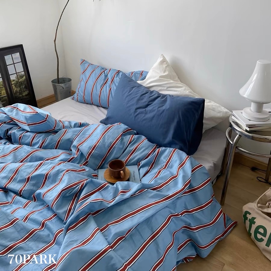 ブルー レッド ストライプ 布団カバーセット 全2種 ベッドシーツ セット ベッドリネン おしゃれ 韓国インテリア 韓国雑貨 韓国っぽ インテリア雑貨